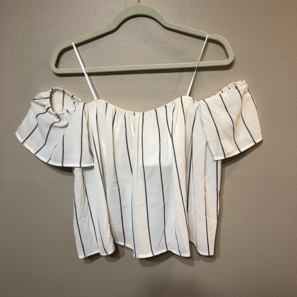 Off the shoulder. Off white striped, open back top